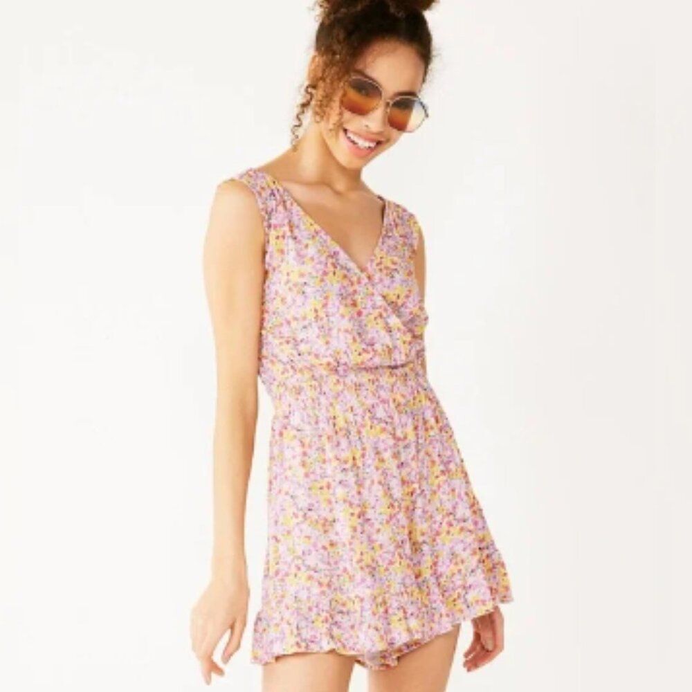 Rewind Size Large Pink & Yellow Surplice Neckline V-Back Smocked Waist Romper